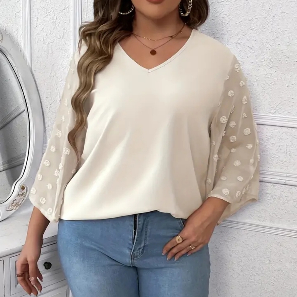 V-Neck Cream Blouse with Sheer Dot Sleeves